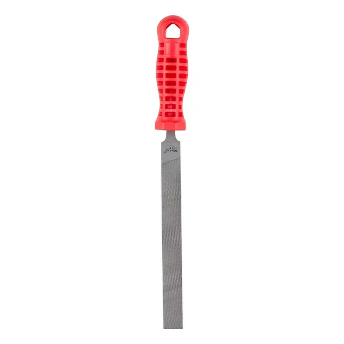 Wisent Flachstumpffeile - Hieb: 1/Grob, Länge Feilenblatt: 150 mm - Nahaufnahme einer Vierkantfeile mit rotem Griff, Werkzeug für Metallbearbeitung und Heimwerkerprojekte.