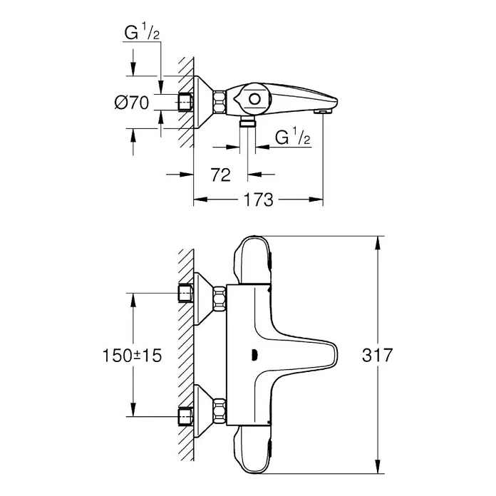Grohe Grohtherm 1000 New Wannenthermostat - Chrom - Abbildung eines Mischbatterie-Systems mit präzisen Maßangaben für Installation und Design.\n