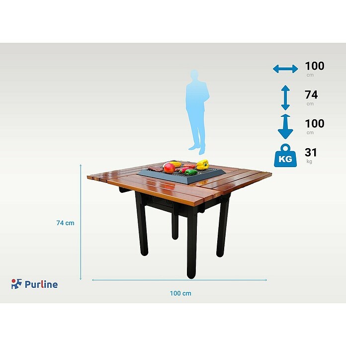 Purline Holzkohlegrill mit EFP54-Tabelle (L x B: 100 x 100 cm, Stahl, Schwarz/Braun) | BAUHAUS