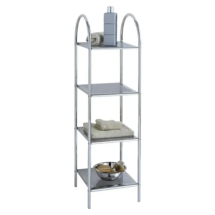 Bath Stage Estantería de baño B-456 - L x An x Al: 34 x 36 x 115 cm, 4 estantes, Cromo - Una elegante estantería de baño cromada de cuatro niveles, que exhibe ordenadamente toallas y accesorios de baño. Añade un toque elegante y espacio.