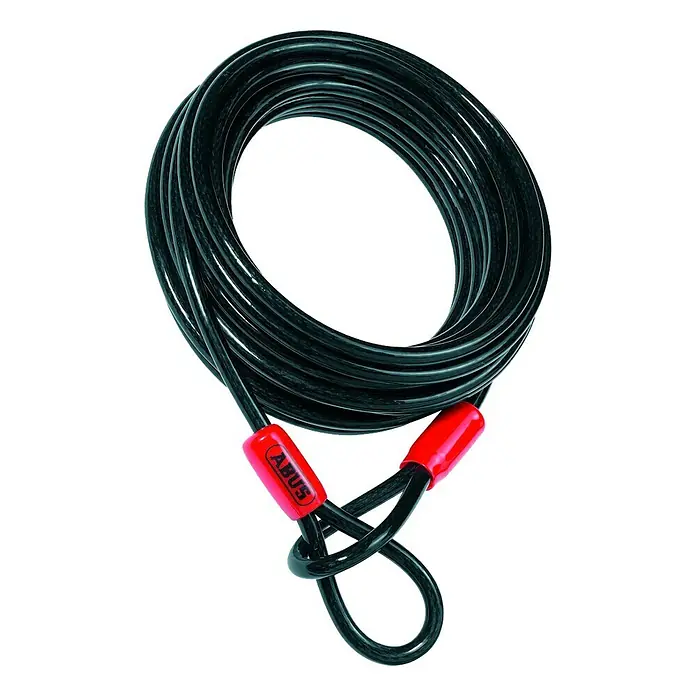 Abus Cable de lazo Cobra - 10 m, Negro - Candado de cable Abus: Un candado de cable negro flexible con piezas terminales rojas que muestran el logotipo de Abus, enrollado.