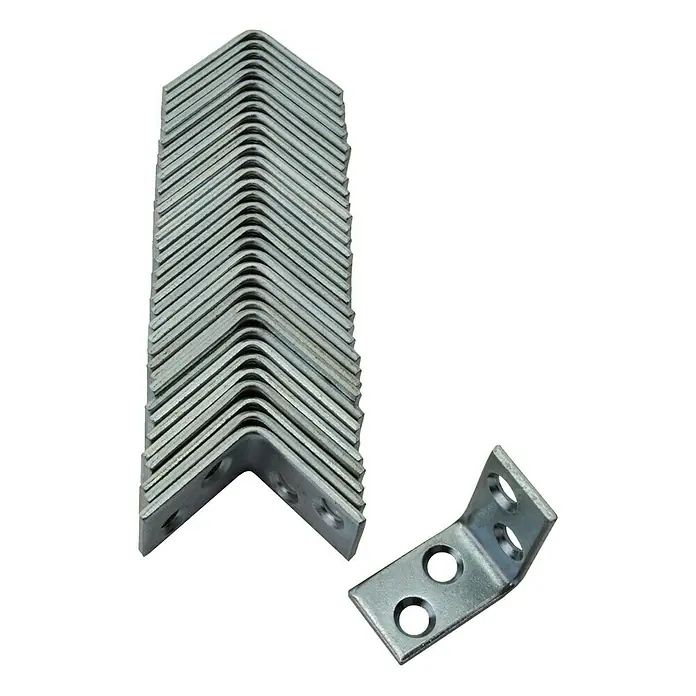 Vormann Escuadra de silla - L x An x Al: 25 x 15 x 25 mm, 50 ud., Acero - Imagen de una pila y un solo angular de metal con orificios, útil para reforzar construcciones de madera.