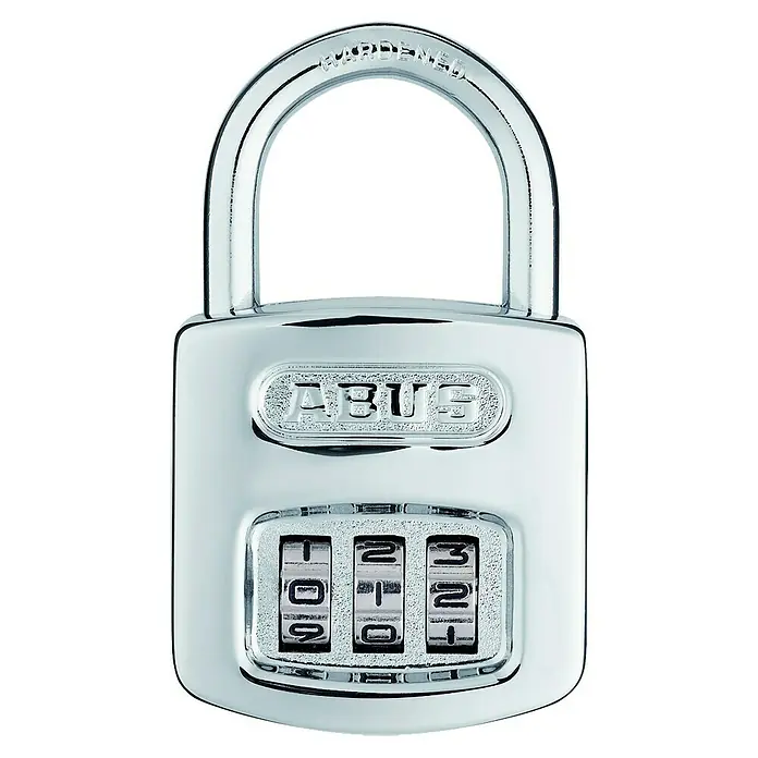 Abus Vorhängezahlenschloss 160/40 - 40 x 70,5 mm, Material Bügel: Gehärteter Spezialstahl - Nahaufnahme eines silbernen ABUS Zahlenschlosses mit dreistelliger Zahlenkombination auf schwarzem Hintergrund.