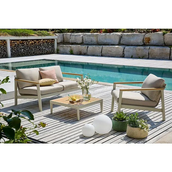 Sunfun Solo Loungemöbel-Set I - 3 -tlg., Aluminium, Olefin, Light-Greige - Eine stilvolle Gartenlounge-Gruppe mit Sofa, Sessel und Tisch, ideal für entspannte Stunden im Freien. Das moderne Design fügt sich perfekt in die Umgebung ein.