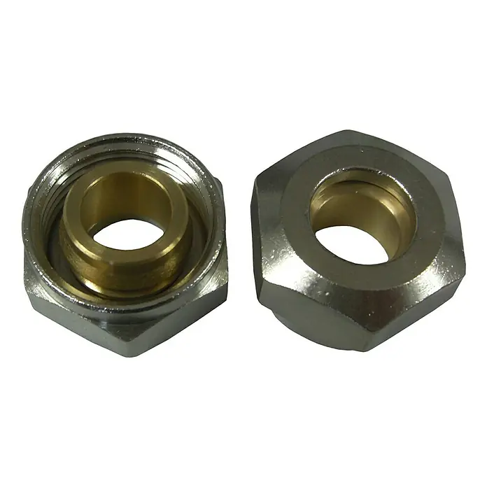 Klemmverschraubung - Messing, 2 Stk. - Nahaufnahme von zwei Sechskantmuttern aus Metall mit einem goldenen Ring in der Mitte, die für Sanitärinstallationen geeignet sind.