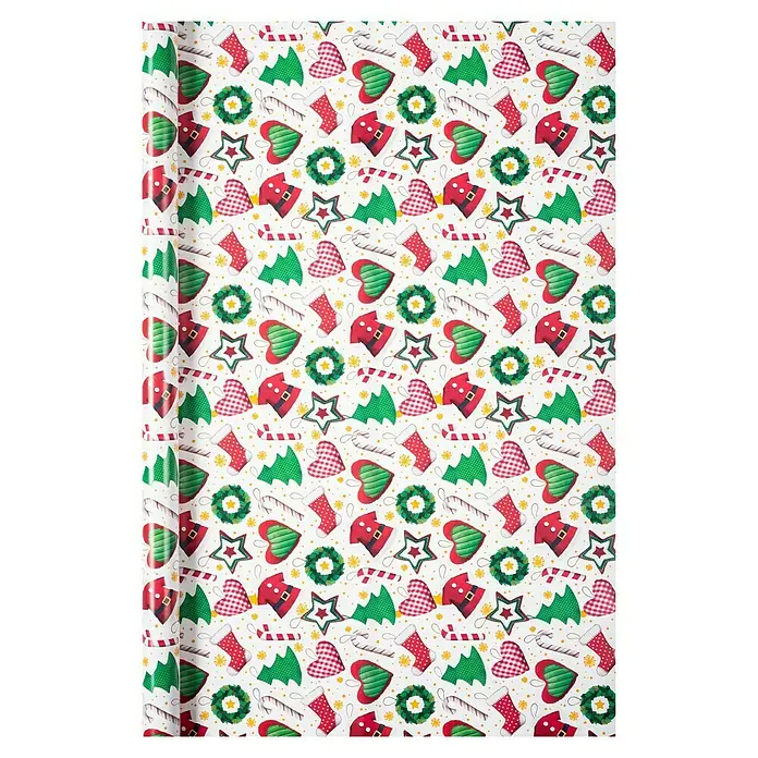 Duni Geschenkpapier - 70 x 200 cm, Papier, Christmas Time - Weihnachtliches Geschenkpapier mit festlichen Motiven wie Weihnachtsbäumen, Sternen, Zuckerstangen und Weihnachtsmannkostümen, ideal zum Verpacken Ihrer Geschenke.