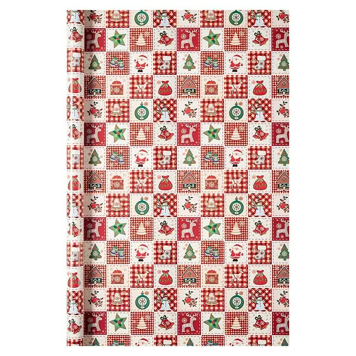 Duni Geschenkpapier - 70 x 200 cm, Papier, Christmas Kids - Geschenkpapierrolle mit weihnachtlichen Patchwork-Motiven wie Weihnachtsmännern, Bäumen und Ornamenten, ideal für festliche Geschenkverpackungen.