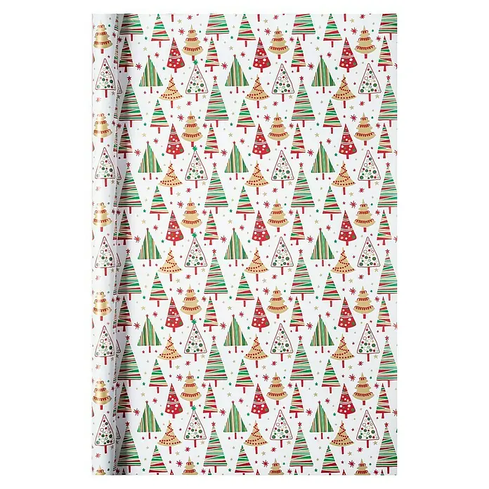Duni Geschenkpapier - 70 x 200 cm, Papier, Christmas Kids - Festliche Geschenkpapierrolle mit einem Muster aus verschiedenen Weihnachtsbäumen und Sternen auf weißem Grund.