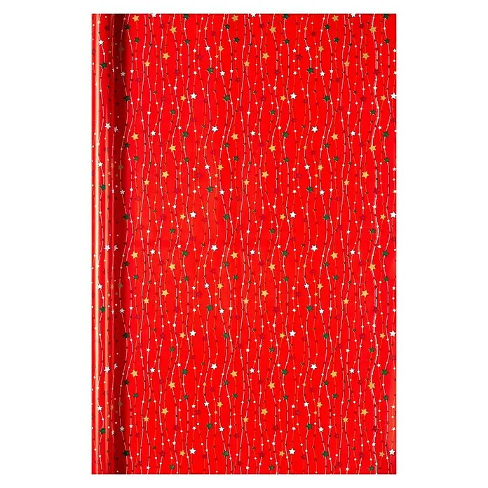 Duni Geschenkpapier - 70 x 200 cm, Papier, Christmas Kids - Nahaufnahme einer Rolle rotes Geschenkpapier mit Sternenmuster, ideal zum festlichen Verpacken von Weihnachtsgeschenken.