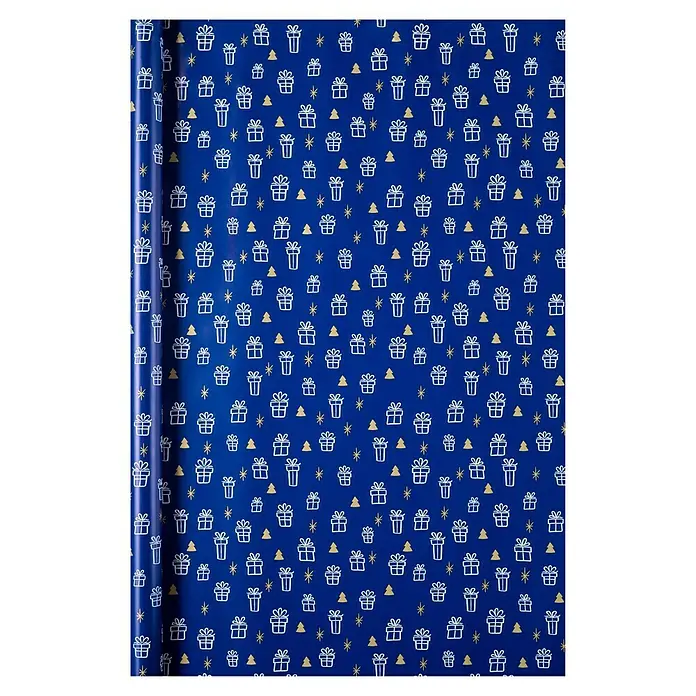 Duni Geschenkpapier - 70 x 200 cm, Papier, Christmas Kids - Eine Rolle Geschenkpapier in Blau mit einem Muster aus weißen Geschenken und goldenen Weihnachtsbäumen und Sternen.