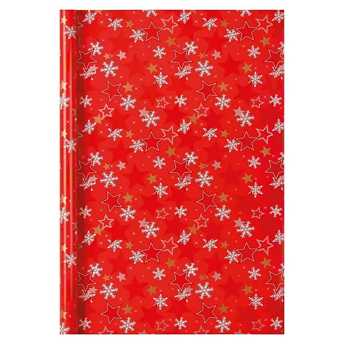 Duni Geschenkpapier - 70 x 200 cm, Christmas Stars - Rolle festliches Geschenkpapier in Rot mit Sternen und Schneeflocken für Weihnachten und andere festliche Anlässe.
