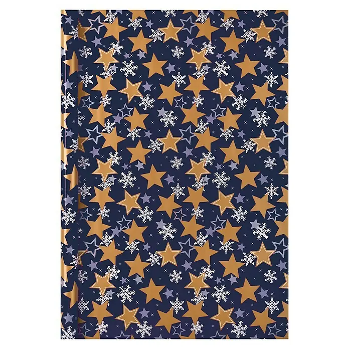 Duni Geschenkpapier - 70 x 200 cm, Christmas Stars - Geschenkpapier mit goldenen Sternen, Schneeflocken und blauen Sternen auf marineblauem Hintergrund. Festliches Design für Weihnachtsgeschenke.