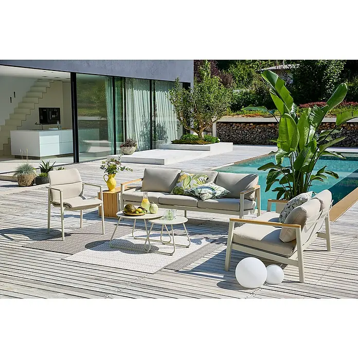 Sunfun Solo Loungesofa 3-Sitzer - B x T x H: 199 x 84,5 x 62,5 cm, Aluminium, Olefin, Light-Greige - Einladende Gartengarnitur mit bequemen Sitzmöbeln und stilvollem Design für entspannte Stunden im Freien. Inklusive Tisch und Deko.
