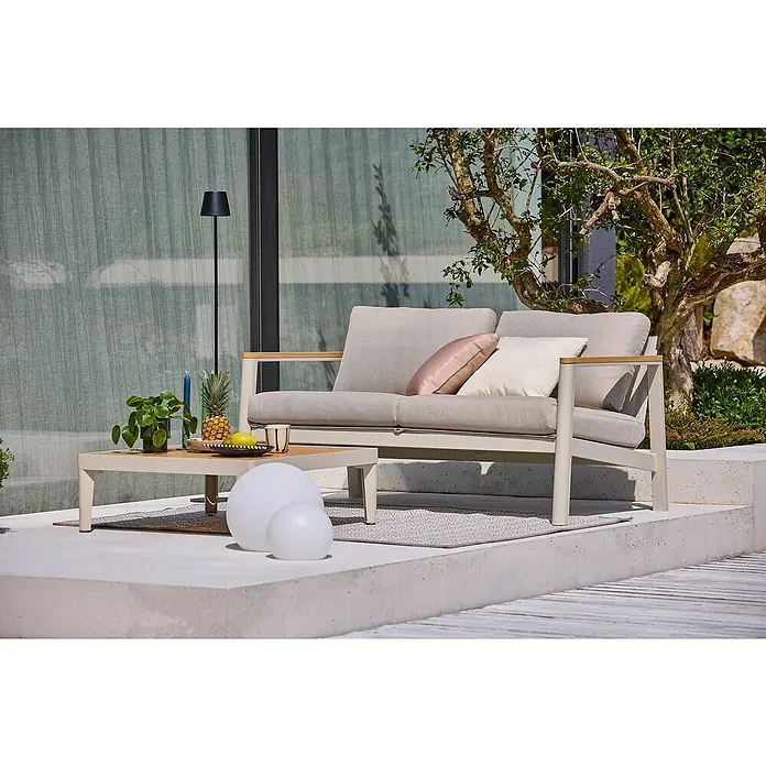 Sunfun Solo Loungemöbel-Set - 2 -tlg., Aluminium, Olefin, Light-Greige - Einladendes Gartenambiente mit beigem Sofa, Beistelltisch und dekorativen Elementen für entspannte Stunden im Freien.