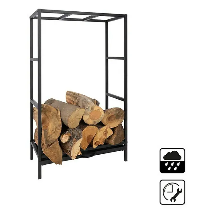 Floordirekt Kaminholzregal Chios Schwarz 50 x 25 x 80 cm - Metall, Schwarz - Ein schwarzes Kaminholzregal gefüllt mit Holzscheiten, ideal für die Lagerung von Brennholz und wetterfest.