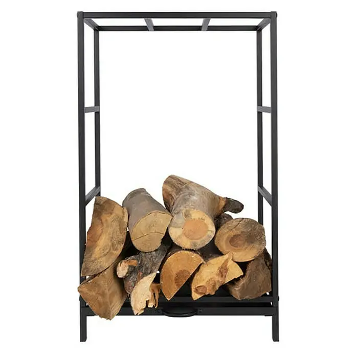 Floordirekt Kaminholzregal Chios Schwarz 50 x 25 x 80 cm - Metall, Schwarz - Abgebildete Holzablage mit Holzscheiten. Die Holzablage ist aus schwarzem Metall und bietet Platz für Brennholz für den Kamin oder Ofen.