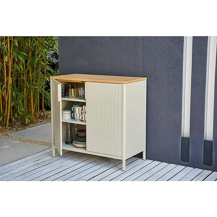 Sunfun Solo Garten-Aufbewahrungschrank - L x B x H: 90 x 46 x 86 cm, Stahl, Polywood, Light-Greige - Dieser stilvolle Outdoor-Küchenschrank mit Holzplatte bietet praktischen Stauraum für Geschirr und Kochutensilien im Freien.