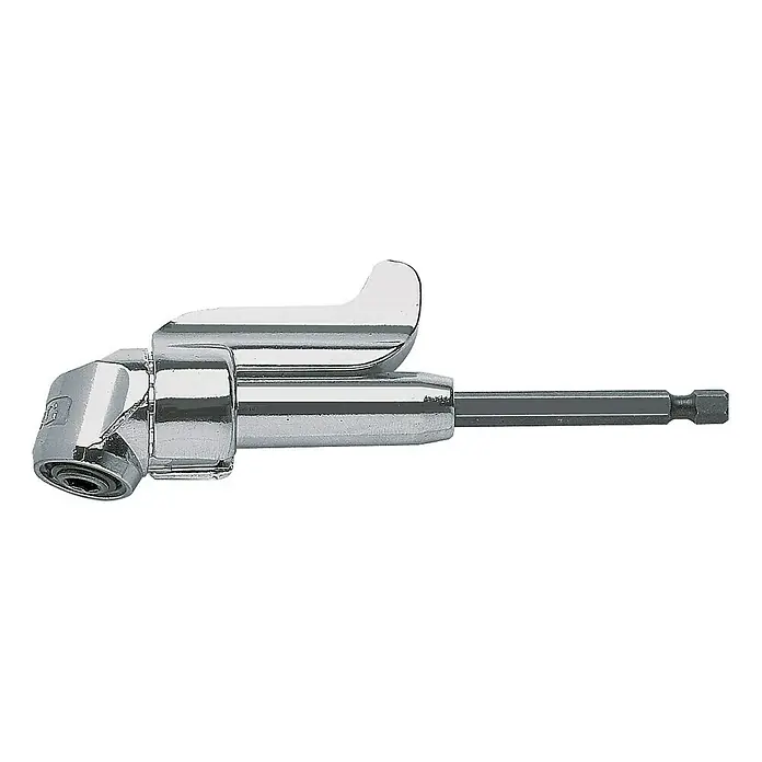 AEG Powertools Winkelaufsatz WB 1 - 11 -tlg. - Das Bild zeigt einen Winkelaufsatz für einen Schrauber, der das Arbeiten in schwer zugänglichen Bereichen erleichtert. Das Zubehör ist aus Chrom gefertigt.