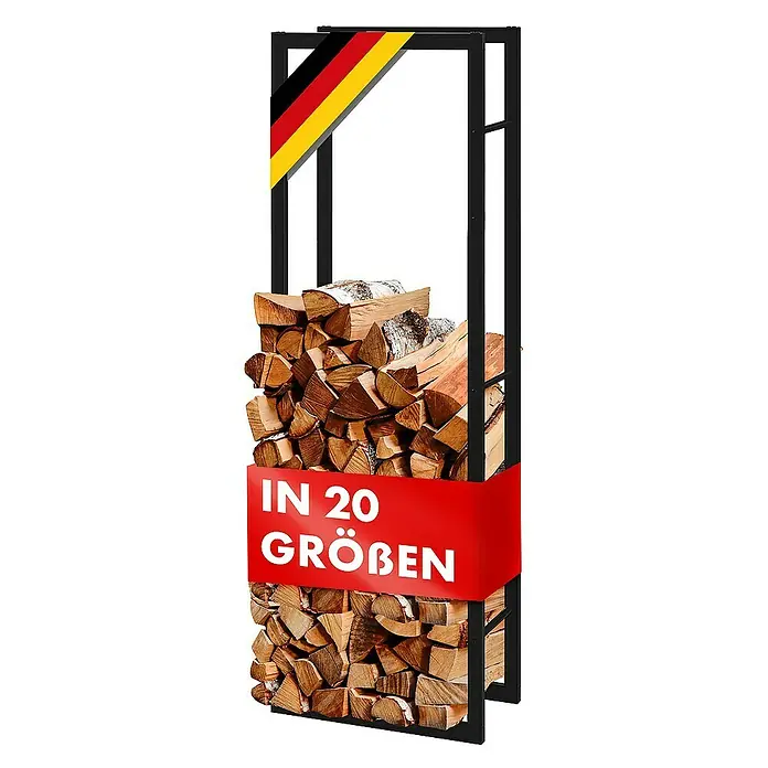 Floordirekt Kaminholzregal Kreta 100 x 25 x 100 cm - Metall, Schwarz - Holzregal mit dem Hinweis "In 20 Größen" und der deutschen Flagge, ideal für die Kaminholzaufbewahrung.