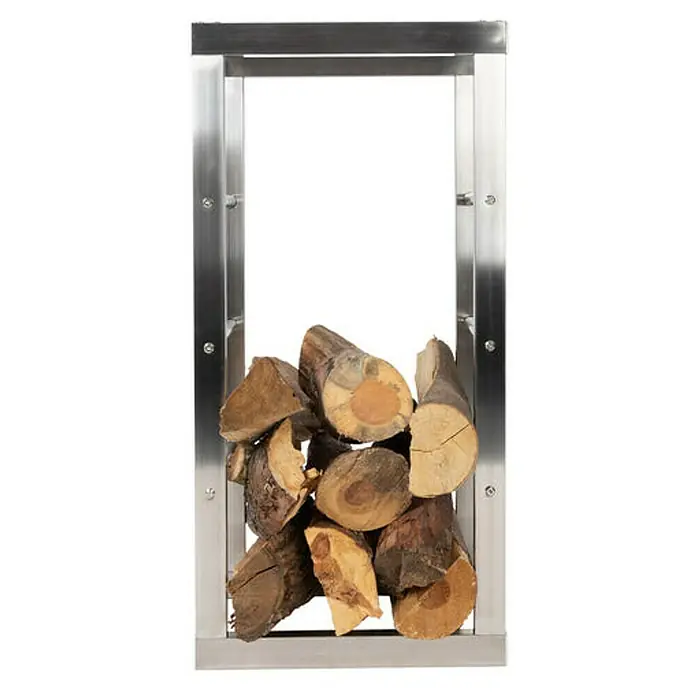 Floordirekt Kaminholzregal Chios Silber 40 x 25 x 80 cm - Metall, Silber - Holzregal aus Edelstahl mit Holzscheiten. Das moderne Design bietet eine stilvolle Aufbewahrungslösung für Kaminholz neben Ihrem Kamin.
