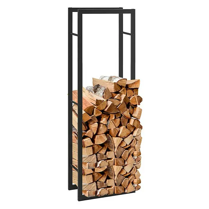 Floordirekt Kaminholzregal Kreta 100 x 25 x 100 cm - Metall, Schwarz - Schwarzes Brennholzregal mit gestapeltem Holzscheit. Dieses Regal bietet eine stilvolle und praktische Lösung zur Aufbewahrung von Brennholz im Innenbereich.