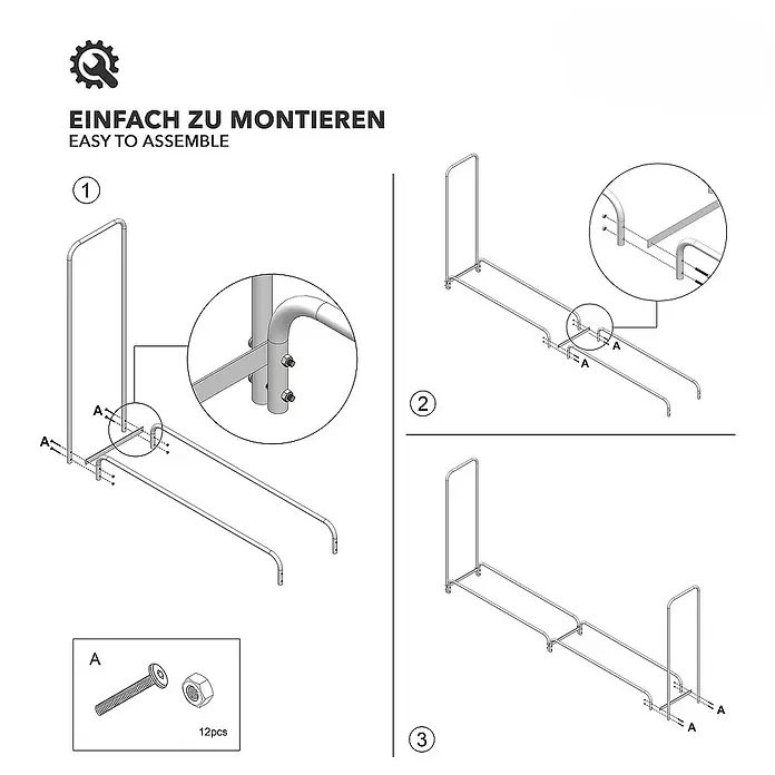Floordirekt Kaminholzregal Patmos Groß 36 x 232 x 114 cm - Metall, Schwarz - Aufbauanleitung für einen Kleiderständer mit schrittweiser Montage und den benötigten Schrauben.