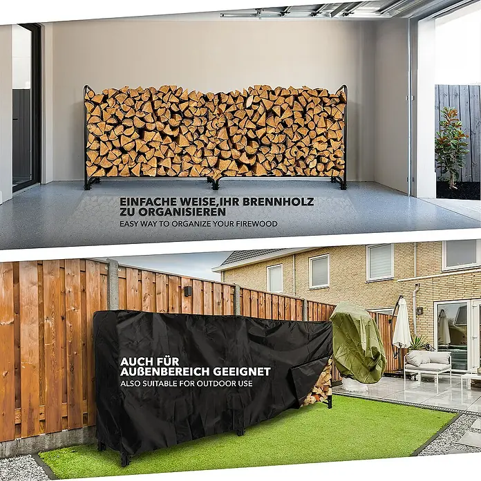 Floordirekt Kaminholzregal Patmos Groß 36 x 232 x 114 cm - Metall, Schwarz - Das Bild zeigt eine Brennholzablage für den Innen- und Außenbereich, die das Brennholz ordentlich und trocken hält.