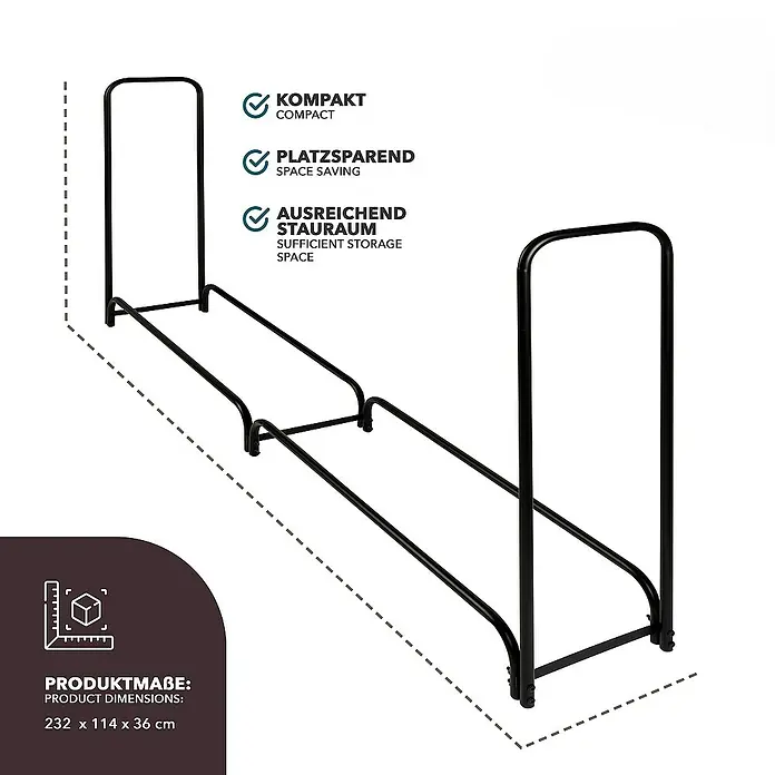 Floordirekt Kaminholzregal Patmos Groß 36 x 232 x 114 cm - Metall, Schwarz - Abbildung eines schwarzen, kompakten und platzsparenden Kaminholzregals mit ausreichend Stauraum und Produktmaßen.