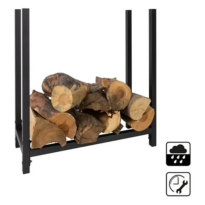 Floordirekt Kaminholzregal Lesbos 60 x 25 x 61 cm - Metall, Schwarz - Ein Brennholzregal aus Metall mit Holzscheiten, ideal zur Lagerung von Kaminholz. Robust und wetterfest für den Innen- und Außenbereich.