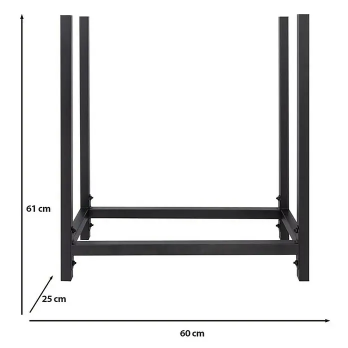 Floordirekt Kaminholzregal Lesbos 60 x 25 x 61 cm - Metall, Schwarz - Bild eines Brennholzständers aus Metall mit den Maßen 61 cm Höhe, 60 cm Breite und 25 cm Tiefe.