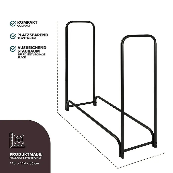 Floordirekt Kaminholzregal Patmos 36 x 118 x 114 cm - Metall, Schwarz - Das Bild zeigt ein kompaktes, platzsparendes Kaminholzregal mit ausreichend Stauraum. Die Produktabmessungen sind 118 x 114 x 36 cm.