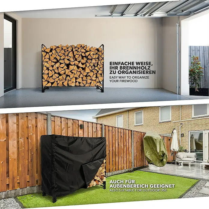 Floordirekt Kaminholzregal Patmos 36 x 118 x 114 cm - Metall, Schwarz - Das Bild zeigt eine Brennholzaufbewahrung mit Abdeckung, die sowohl für den Innen- als auch für den Außenbereich geeignet ist.
