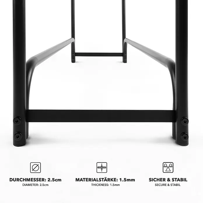 Floordirekt Kaminholzregal Patmos 36 x 118 x 114 cm - Metall, Schwarz - Nahaufnahme der stabilen Metallbeine eines schwarzen Tisches mit Durchmesser und Materialstärke.