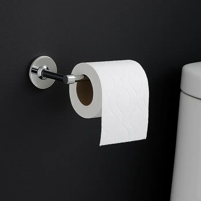 Bath Stage B-Full Portarrollos papel higiénico - Cromo - Un primer plano de un elegante portarrollos de papel higiénico con un rollo de papel higiénico contra una pared oscura del baño.