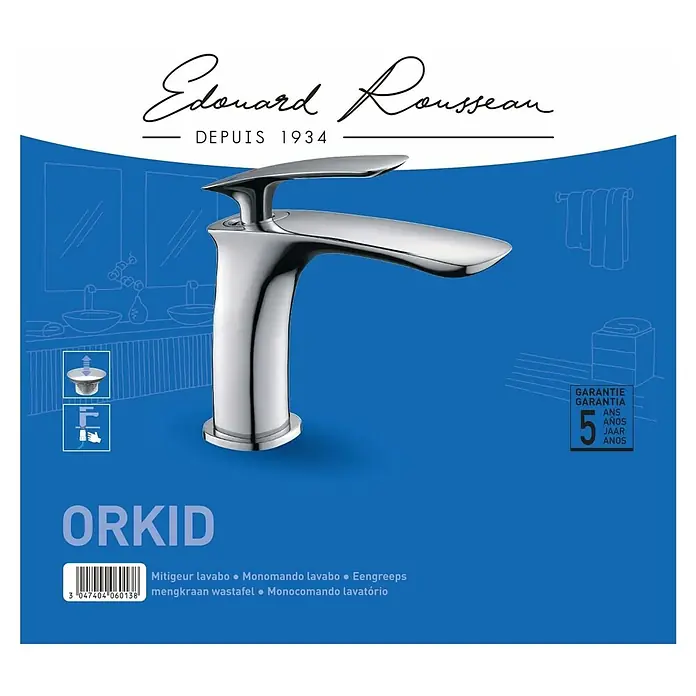 Rousseau Grifo de lavabo Orkid - Cromo, Brillante - En la imagen se muestra un grifo mezclador de lavabo "Orkid" brillante de Edouard Rousseau, destacable por su diseño moderno.