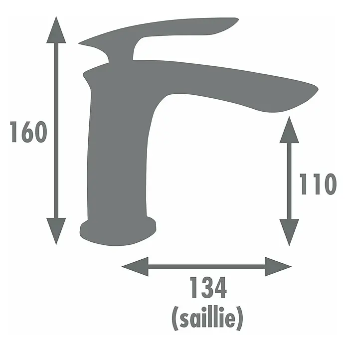 Rousseau Grifo de lavabo Orkid - Cromo, Brillante - Ilustración de un grifo con dimensiones: altura 160 mm, alcance del caño 134 mm, altura del caño 110 mm.