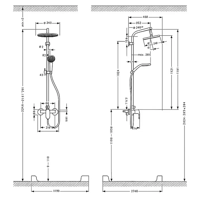 Hansgrohe Crometta Sistema de ducha Crometta S Showerpipe 240 - Con grifo monomando, Número de tipos de chorro: 2 ud., Cromo - Un dibujo técnico detallado de un conjunto de ducha con todas las dimensiones.