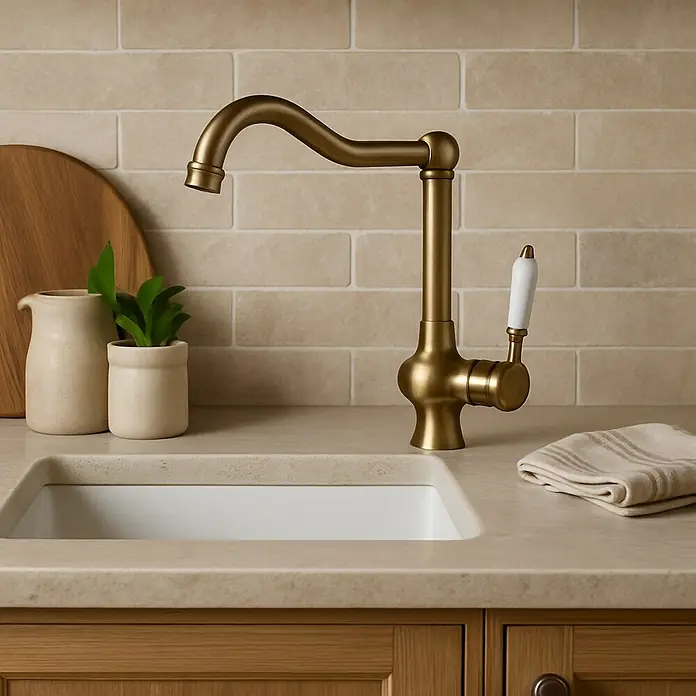 Rousseau Grifo de cocina Cook - Bronce - Grifo de cocina de latón con mango de porcelana, un diseño moderno que combina elegancia y funcionalidad.