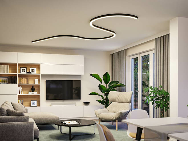 PAULMANN Linion System in S-Form an der Decke im Wohnzimmer