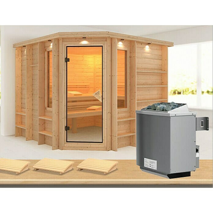 Karibu Massivholzsauna Marona (Mit 9 kW Ofen mit integrierter Steuerung, L x B x H: 259 x 245 x 192 cm)