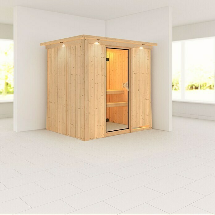 Karibu Elementsauna Bodin (Ohne Ofen, Mit Dachkranz und Beleuchtung, L x B x H: 210 x 165 x 192 cm)