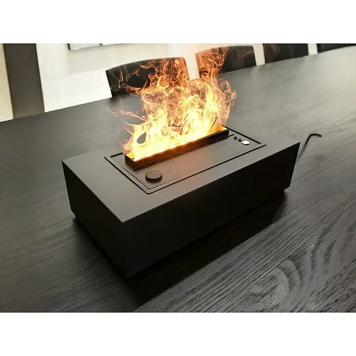 Purline Chimenea eléctrica Firecool B - Negro, 60 W, 18 x 35 x 14,6 cm - Chimenea de mesa moderna con llamas. La chimenea negra crea un ambiente acogedor y es un elemento decorativo en la mesa.