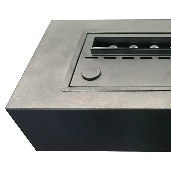 Purline Chimenea eléctrica Firecool B - Negro, 60 W, 18 x 35 x 14,6 cm - Primer plano de una chimenea de etanol moderna en negro, que muestra un diseño elegante y minimalista.\n