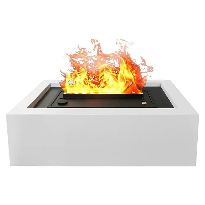 Purline Chimenea eléctrica Firecool Table W - Blanco, 60 W, 26 x 51 x 15 cm - Primer plano de una chimenea de mesa blanca con llamas, perfecta para un ambiente acogedor.
