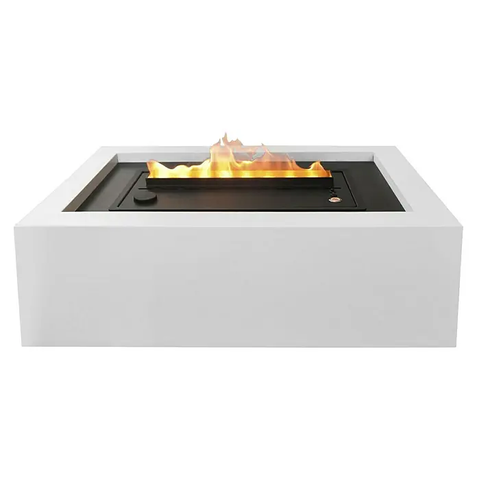 Purline Chimenea eléctrica Firecool Table W - Blanco, 60 W, 26 x 51 x 15 cm - Una mesa de chimenea de etanol moderna con una elegante carcasa blanca y un quemador negro elegante.