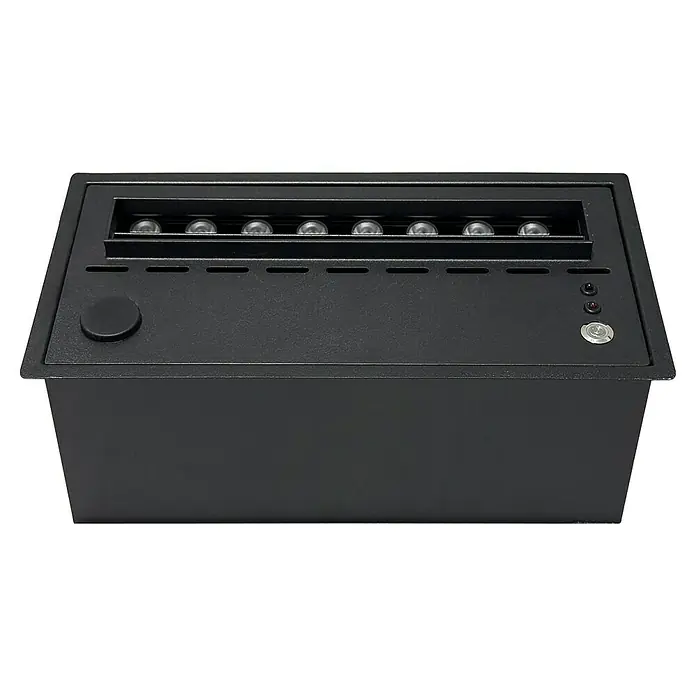 Purline Chimenea eléctrica Firecool Compact - Negro, 60 W, 36 x 53,5 x 16 cm - Primer plano de una caja fuerte empotrada negra con teclado digital y luces LED.