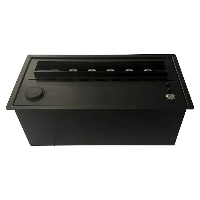 Purline Chimenea eléctrica Firecool Compact - Negro, 60 W, 36 x 53,5 x 16 cm - Primer plano de un producto negro con un mando, ranuras y elementos de control, posiblemente un dispositivo electrónico o una unidad de control.