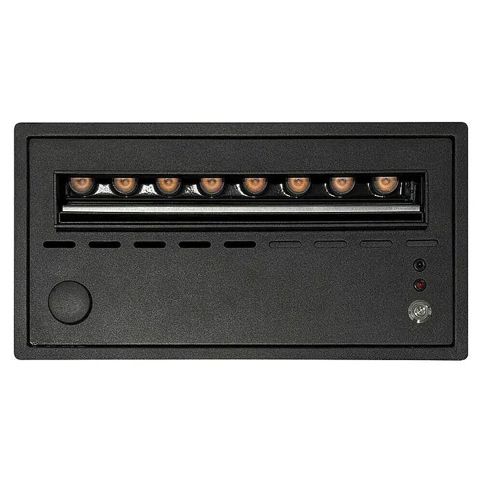 Purline Chimenea eléctrica Firecool Compact - Negro, 60 W, 36 x 53,5 x 16 cm - Un primer plano de una unidad de armario modular negra con luces redondas y un pomo.