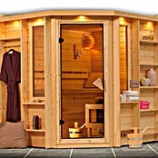 Karibu Massivholzsauna Cortona (Mit Sauna Bio-Ofen 9 kW inkl. Steuerung Easy, Mit Dachkranz und Beleuchtung, 184 x 193 x 204 cm)