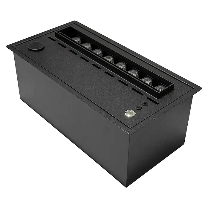 Purline Chimenea eléctrica Firecool Compact - Negro, 60 W, 36 x 53,5 x 16 cm - Primer plano de un moderno inserto de chimenea de bioetanol negro con iluminación LED y panel de control.